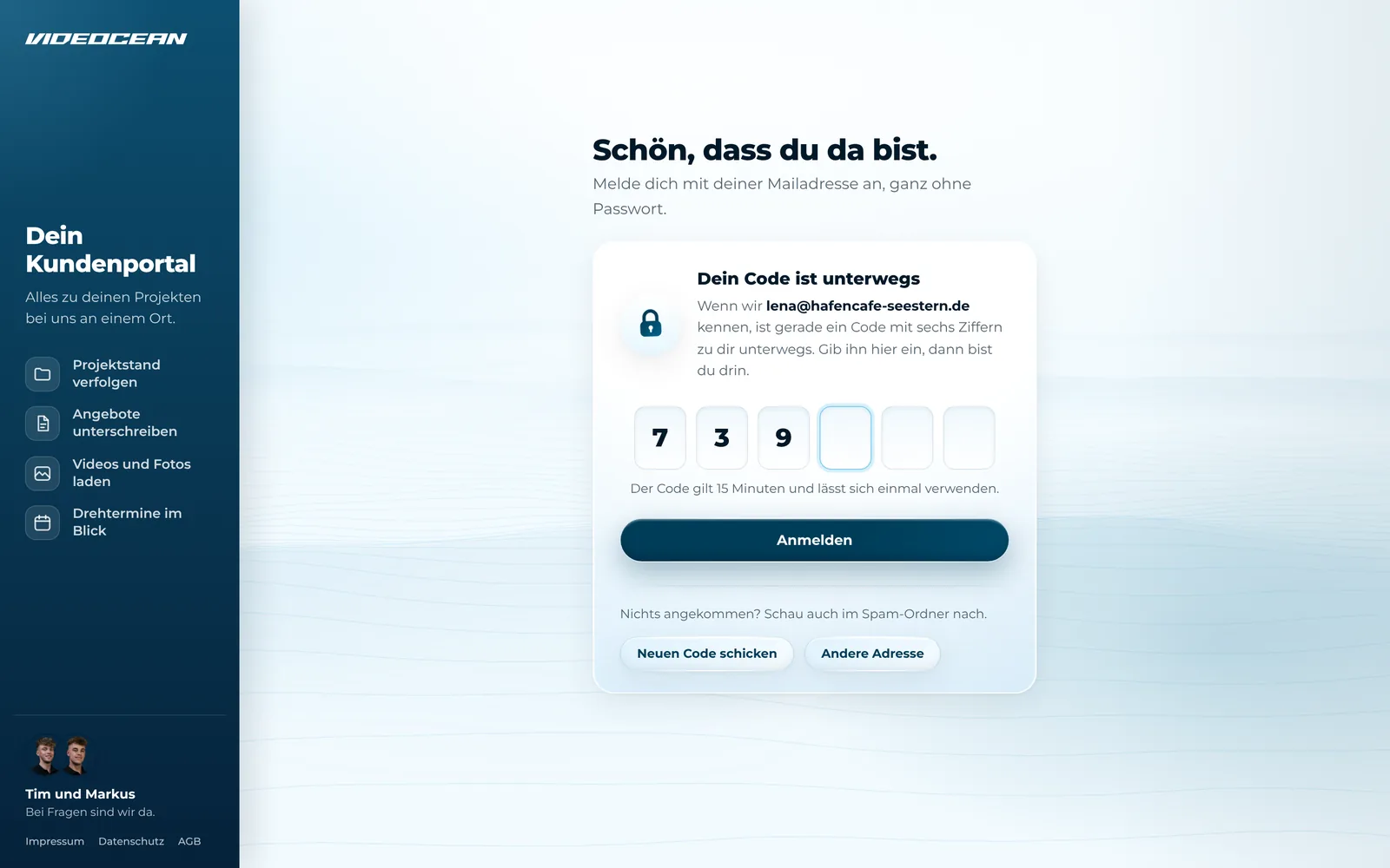 Anmeldung im Kundenportal mit sechsstelligem Code