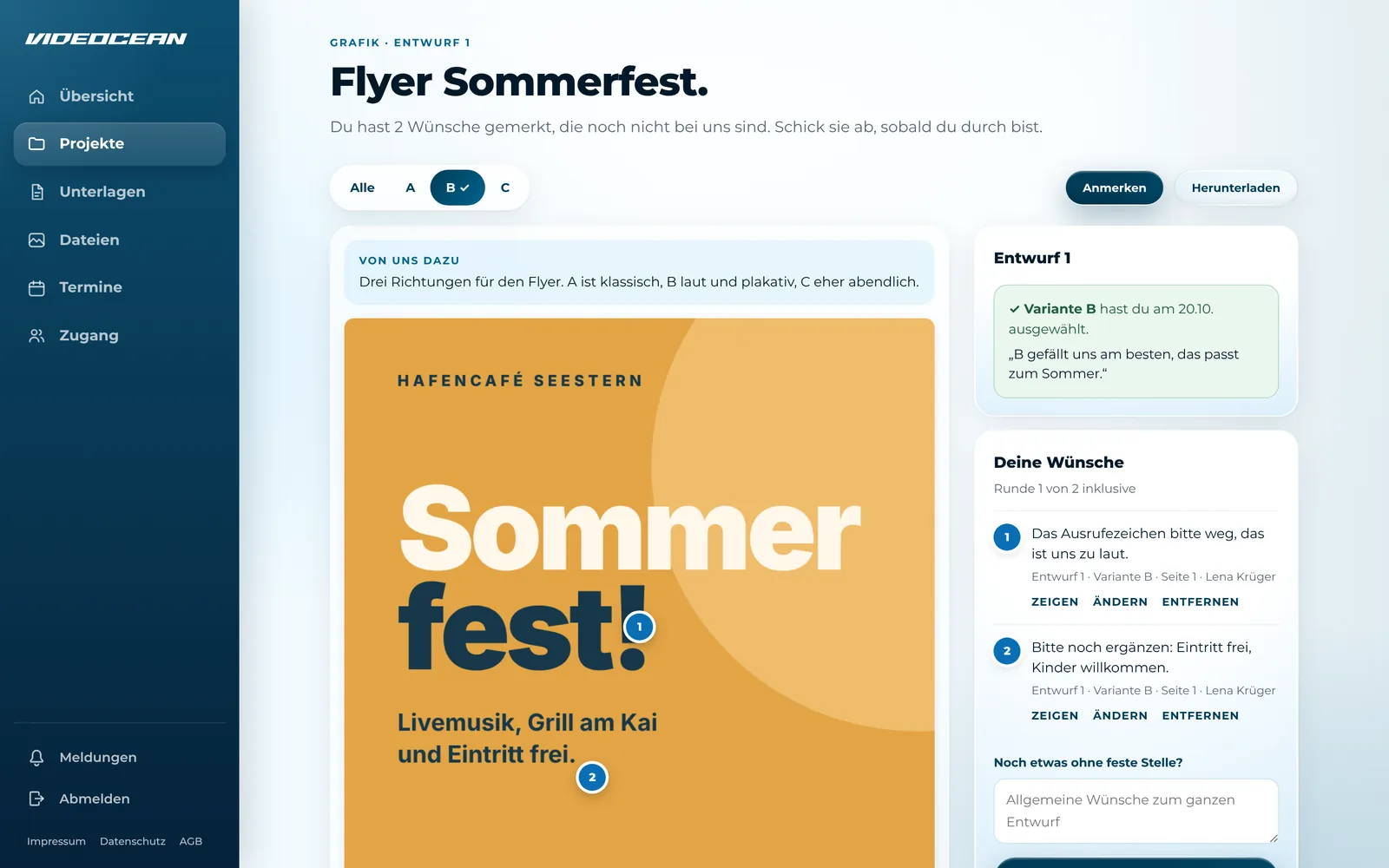 Flyer-Entwurf im Kundenportal mit Varianten und Anmerkungen