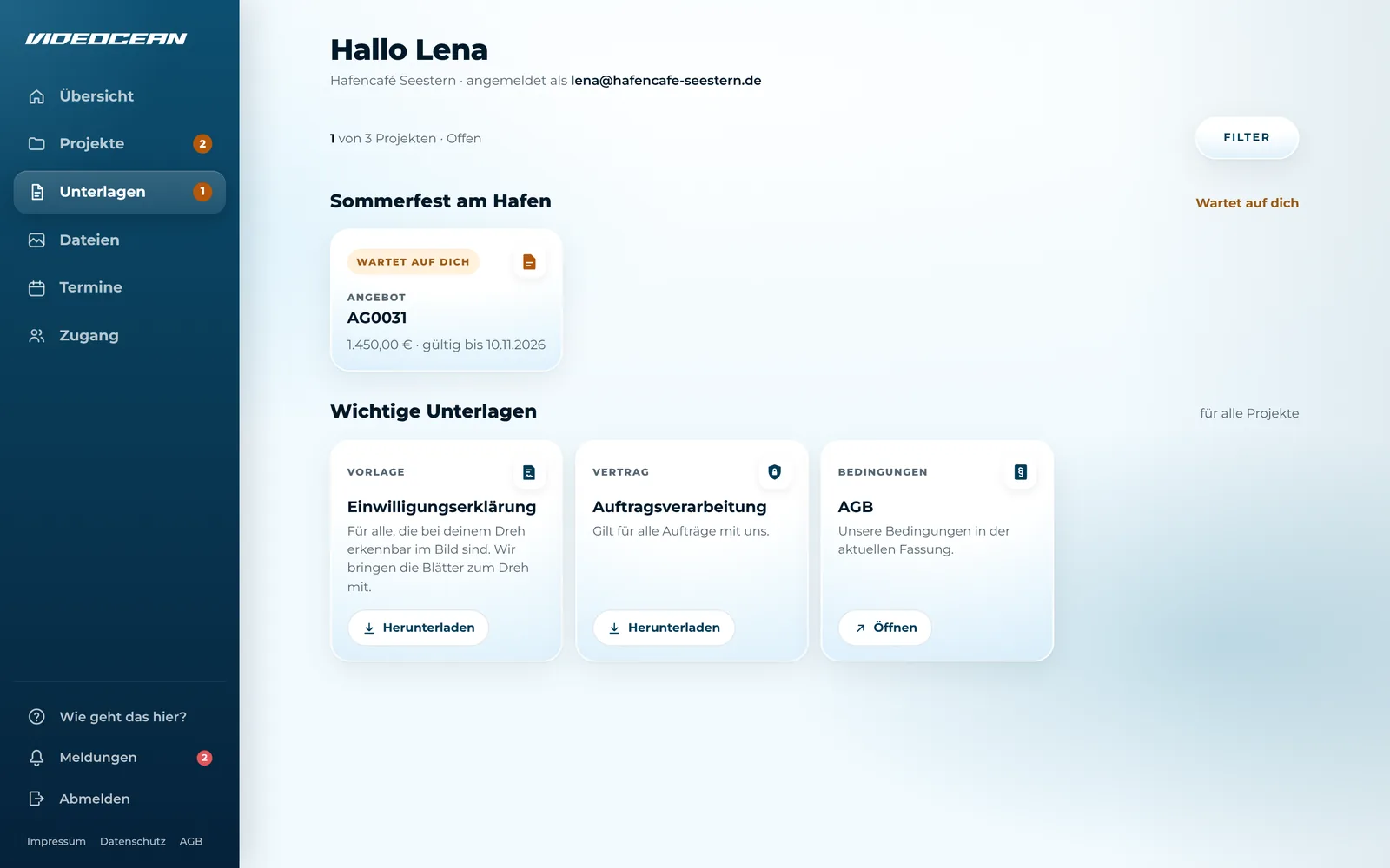 Unterlagen im Kundenportal, sortiert nach Projekt