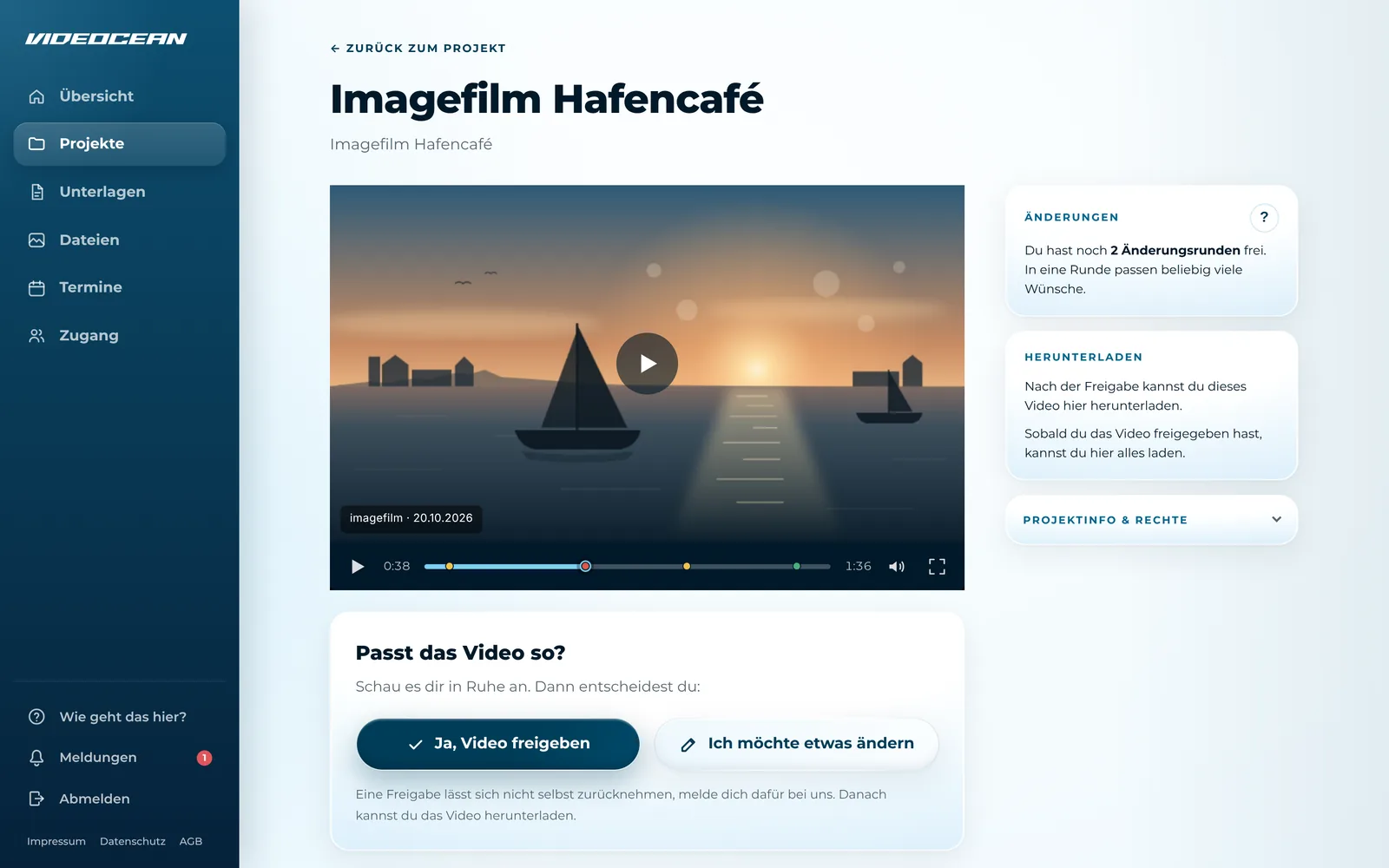 Video im Kundenportal mit markierten Wünschen auf der Zeitleiste und Freigabe