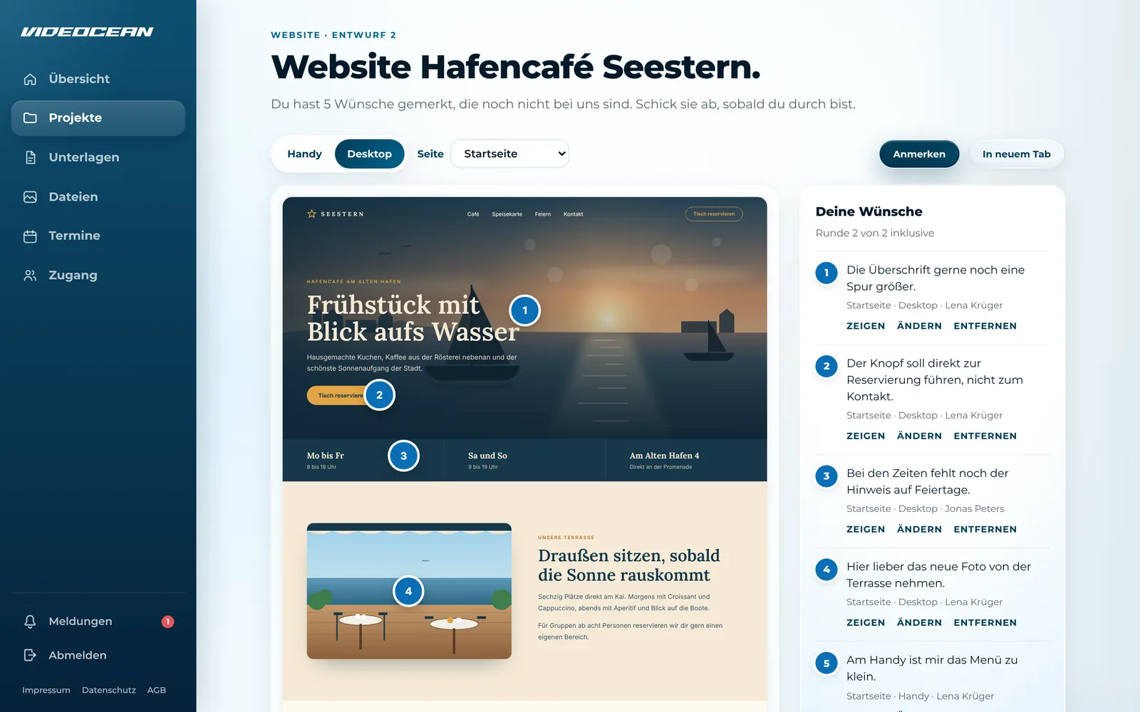 Website-Entwurf im Kundenportal mit Anmerkungen direkt auf der Seite